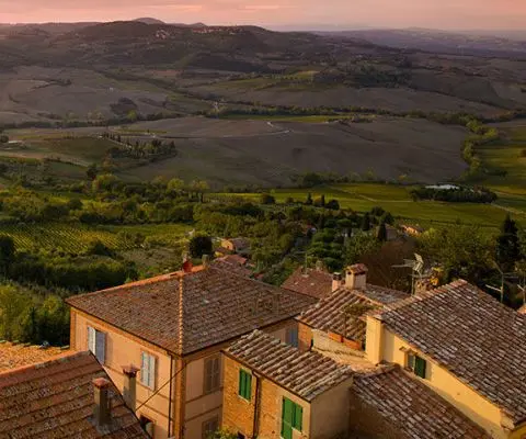 Villas, vineyards, and hillsides in Montepulciano, Italy