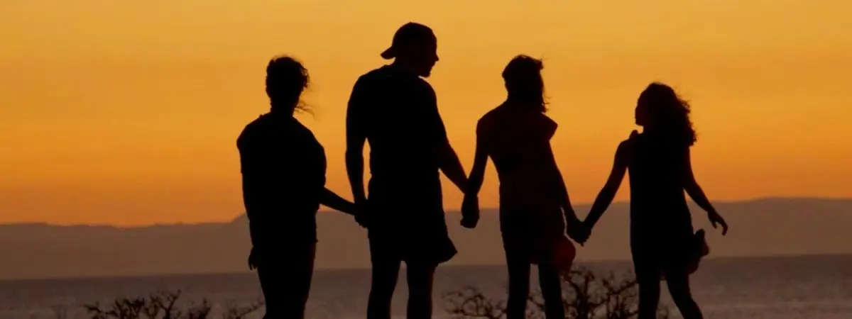 silhouette of four people at sunset near water