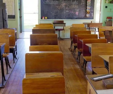 Empty classroom with wooden desks